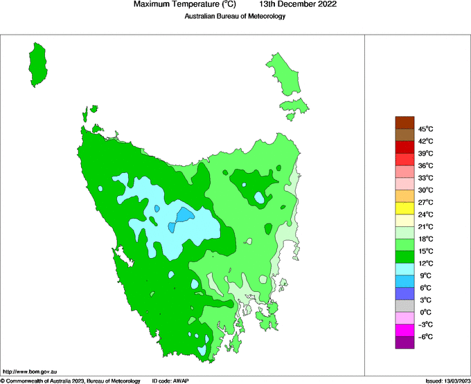 Daily maximum temperature for Tasmania