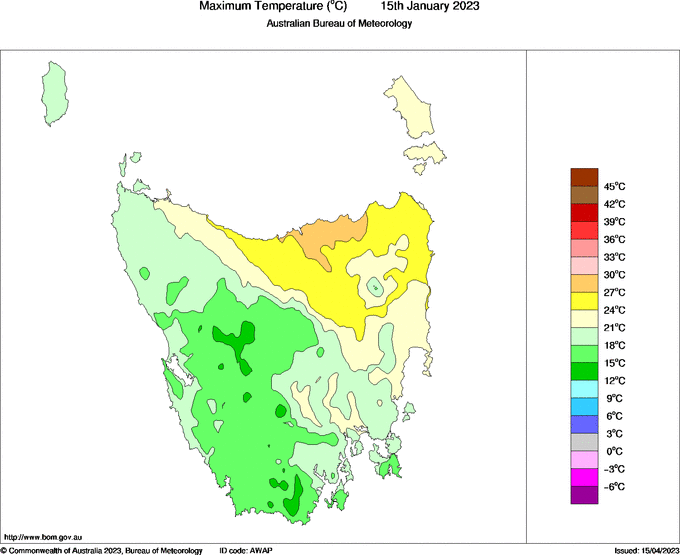 Daily maximum temperature for Tasmania