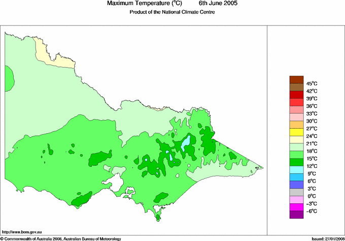 Daily maximum temperature for Victoria
