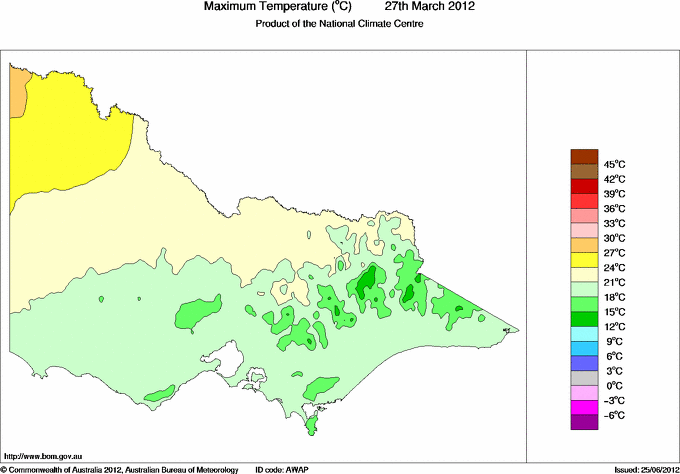 Daily maximum temperature for Victoria