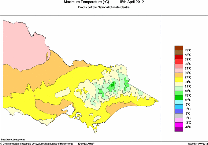Daily maximum temperature for Victoria
