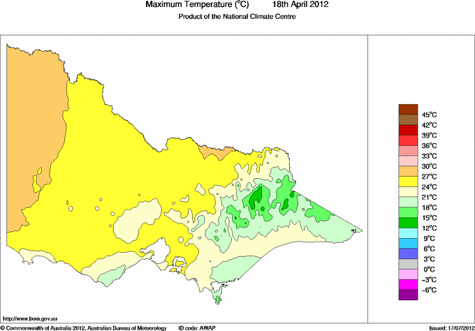 Daily maximum temperature for Victoria