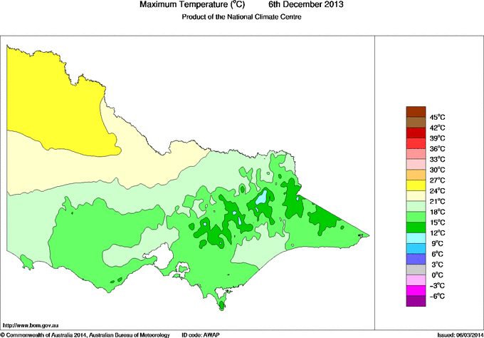Daily maximum temperature for Victoria