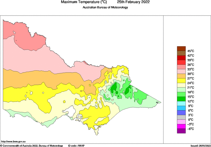 Daily maximum temperature for Victoria