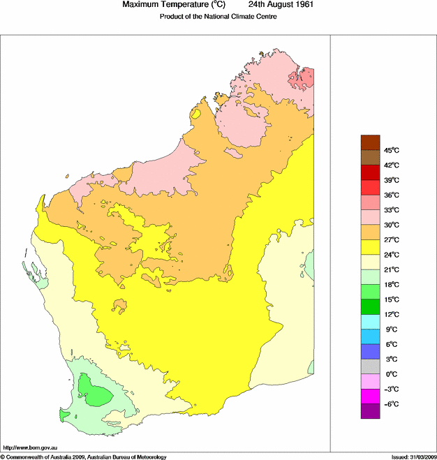Daily maximum temperature for Western Australia