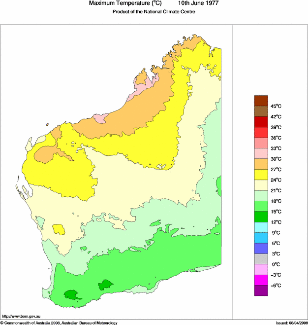 Daily maximum temperature for Western Australia
