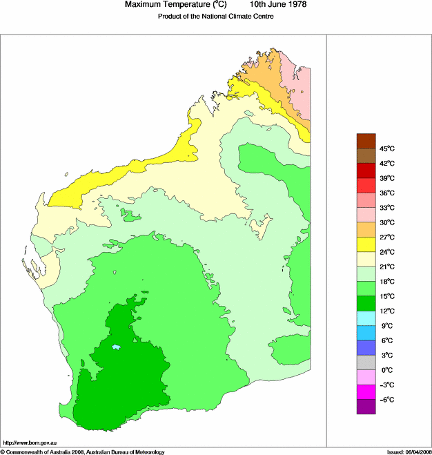 Daily maximum temperature for Western Australia