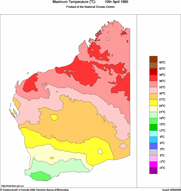 Daily maximum temperature for Western Australia