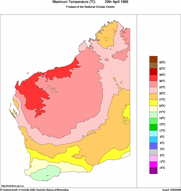 Daily maximum temperature for Western Australia