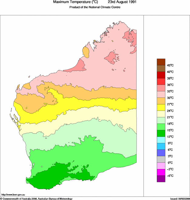 Daily maximum temperature for Western Australia