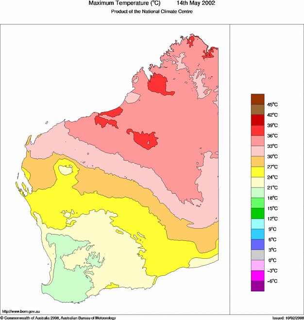 Daily maximum temperature for Western Australia