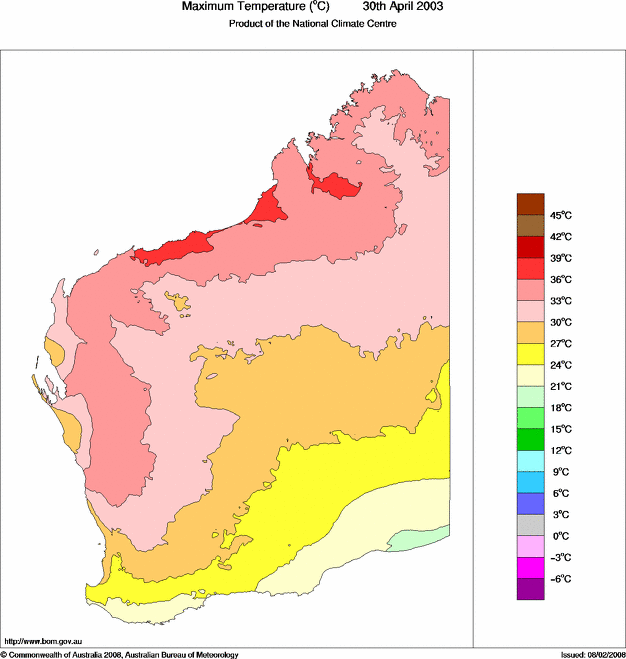Daily maximum temperature for Western Australia