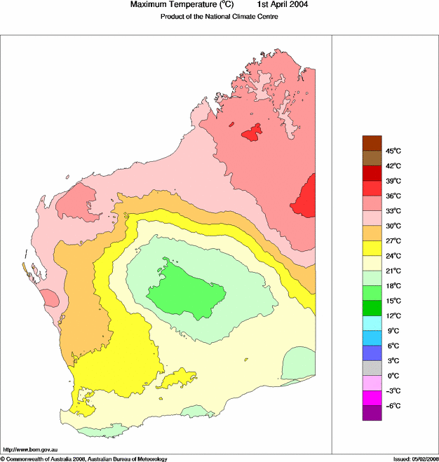 Daily maximum temperature for Western Australia