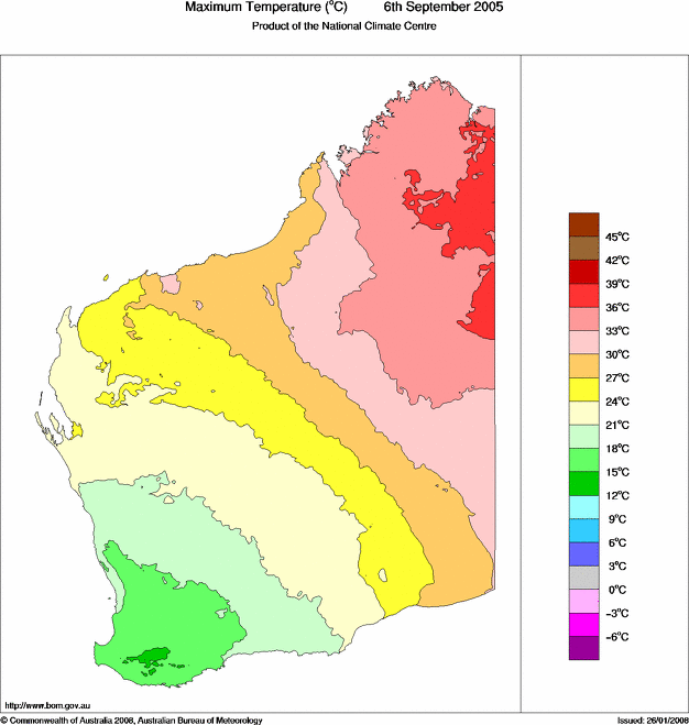 Daily maximum temperature for Western Australia