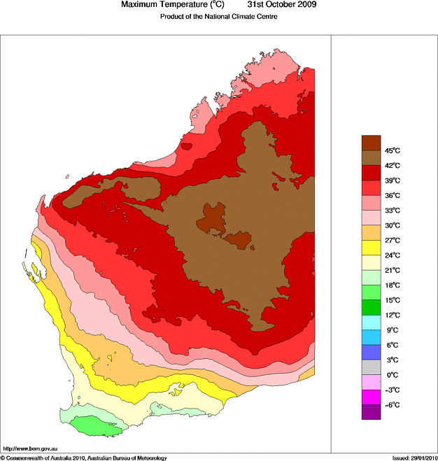 Daily maximum temperature for Western Australia