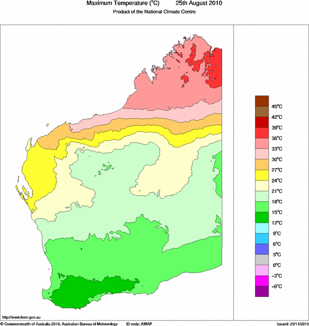Daily maximum temperature for Western Australia