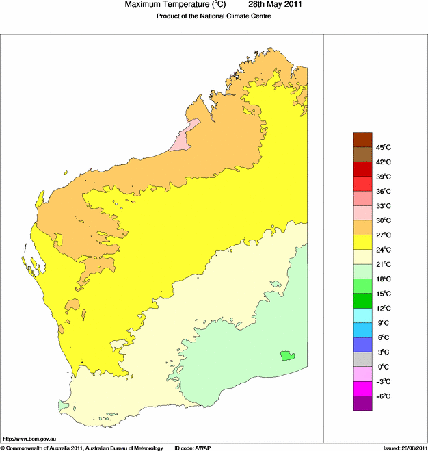 Daily maximum temperature for Western Australia
