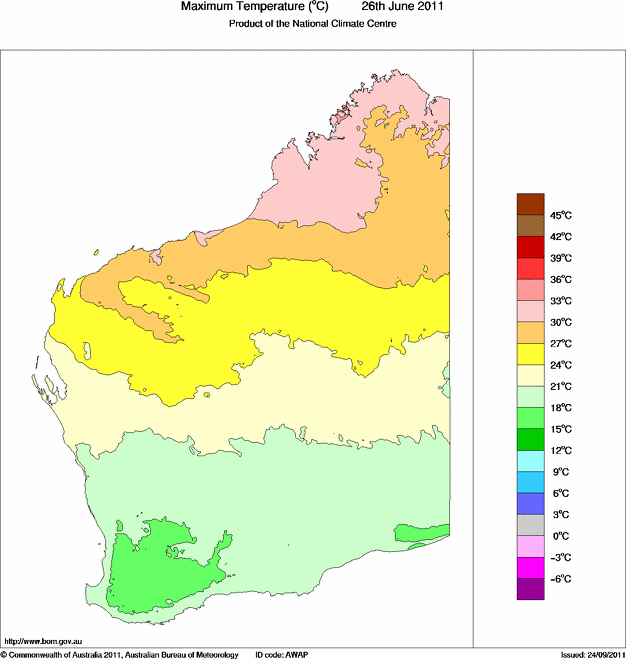 Daily maximum temperature for Western Australia