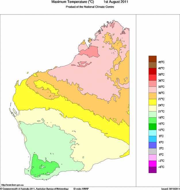 Daily maximum temperature for Western Australia