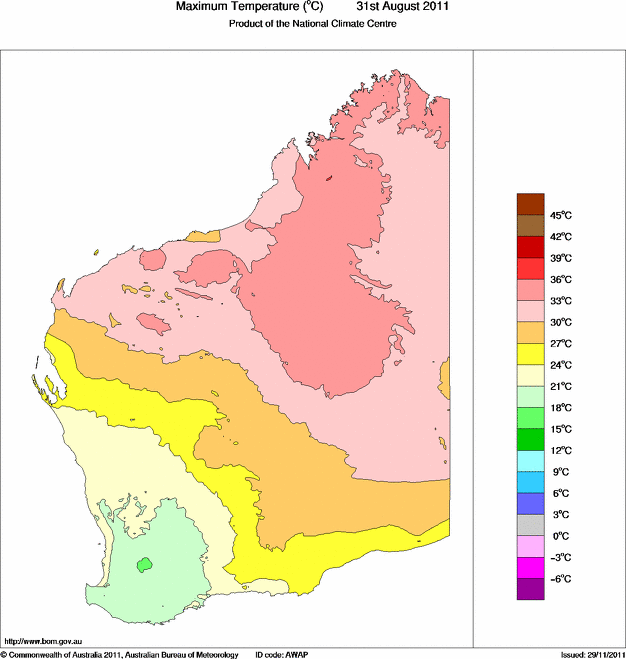 Daily maximum temperature for Western Australia
