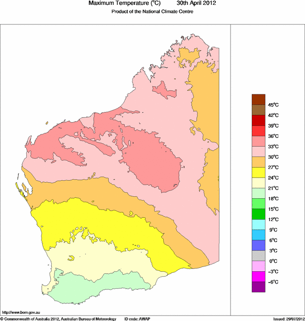 Daily maximum temperature for Western Australia
