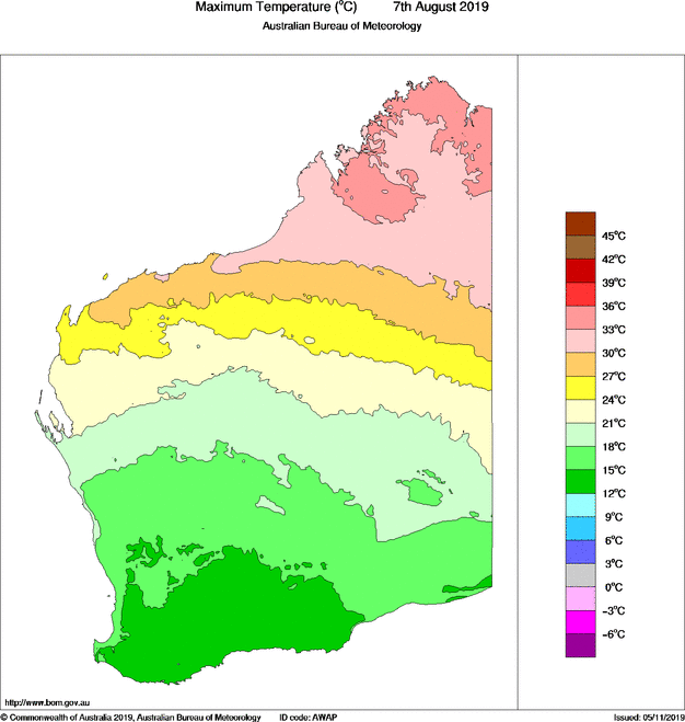 Daily maximum temperature for Western Australia