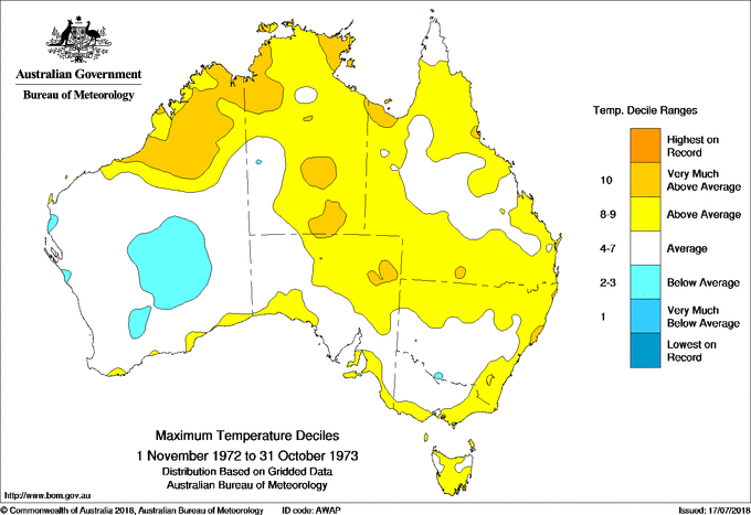 Twelve-monthly maximum temperature decile for Australia