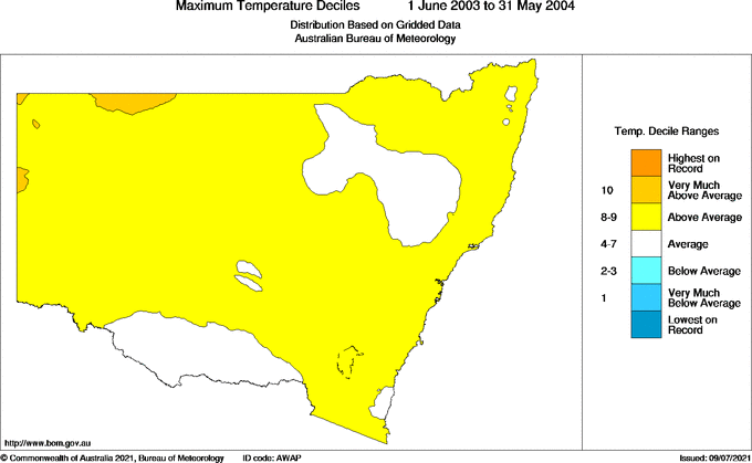 Twelve-monthly maximum temperature decile for New South Wales/ACT