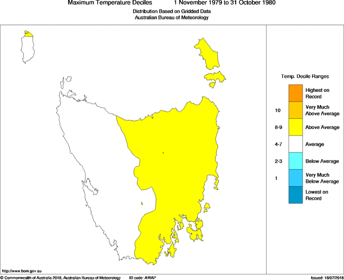 Twelve-monthly maximum temperature decile for Tasmania