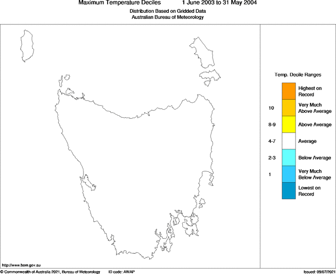 Twelve-monthly maximum temperature decile for Tasmania