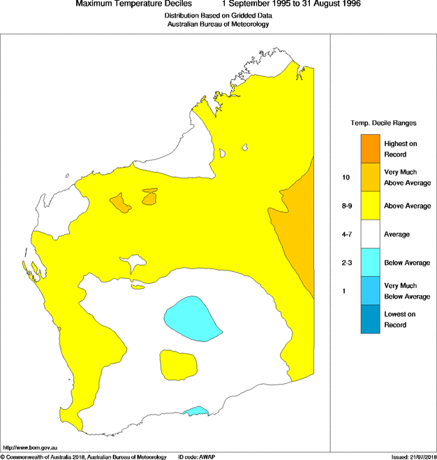 Twelve-monthly maximum temperature decile for Western Australia