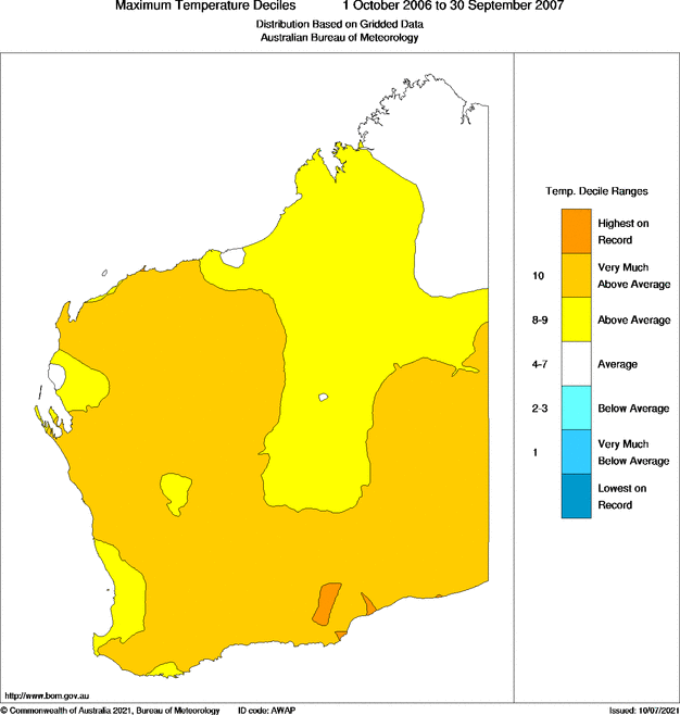 Twelve-monthly maximum temperature decile for Western Australia