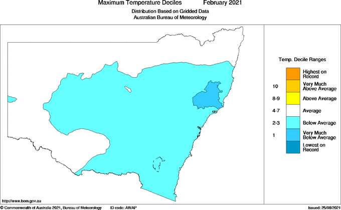 Map of Decile rank of mean maximum temperature