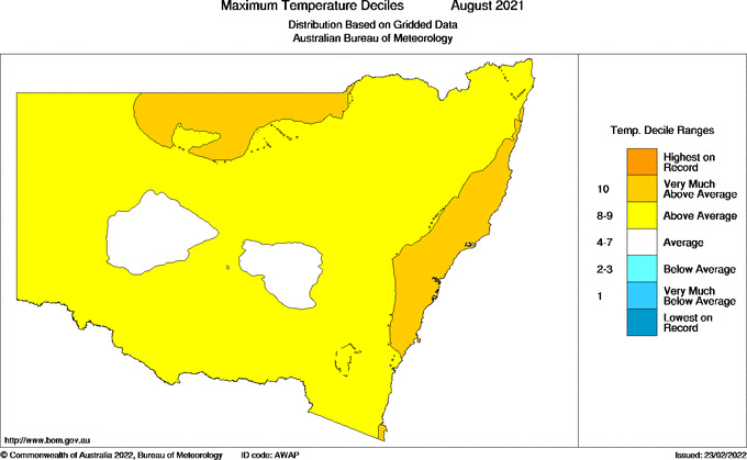 Map of Decile rank of mean maximum temperature