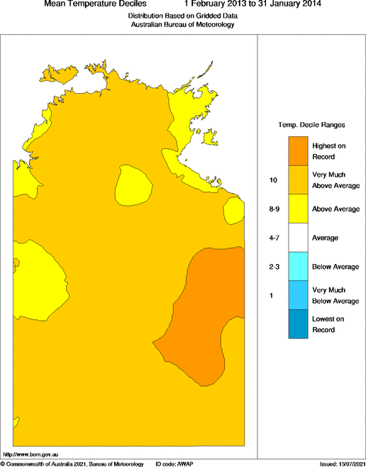 Twelve-monthly mean temperature decile for Northern Territory