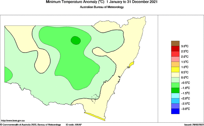 Map of Anomaly in mean minimum temperature