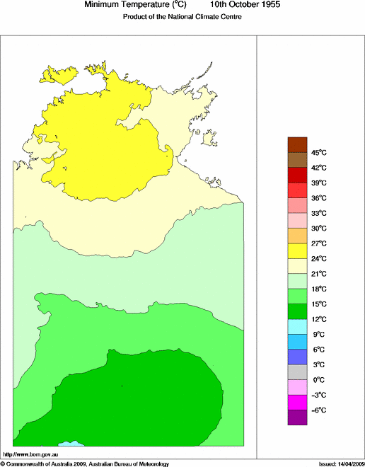 Daily minimum temperature for Northern Territory