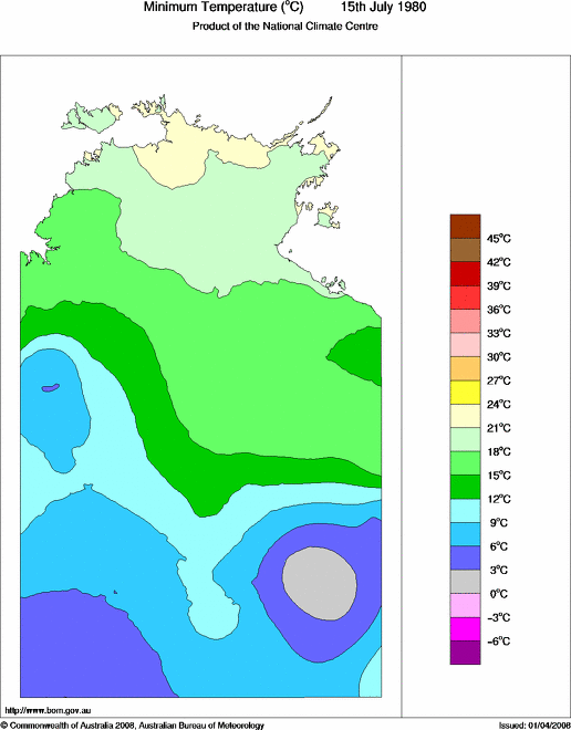 Daily minimum temperature for Northern Territory