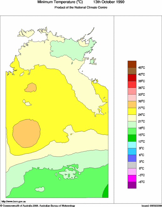 Daily minimum temperature for Northern Territory