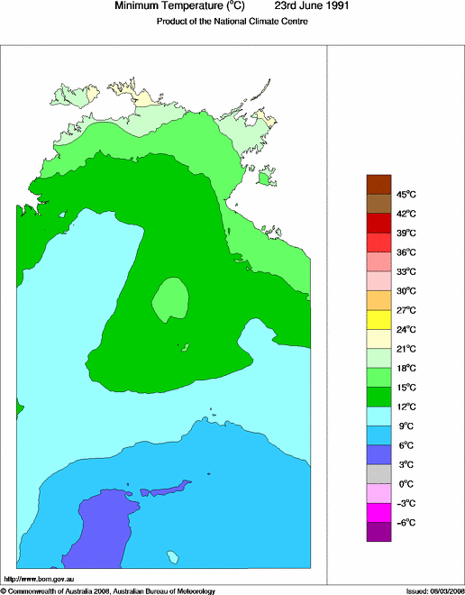 Daily minimum temperature for Northern Territory