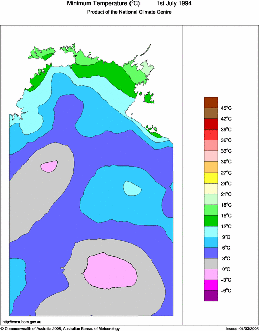 Daily minimum temperature for Northern Territory