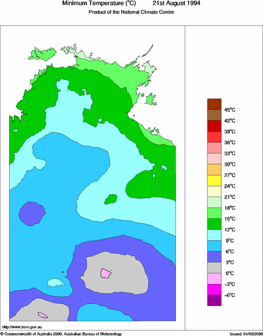 Daily minimum temperature for Northern Territory