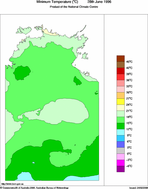 Daily minimum temperature for Northern Territory