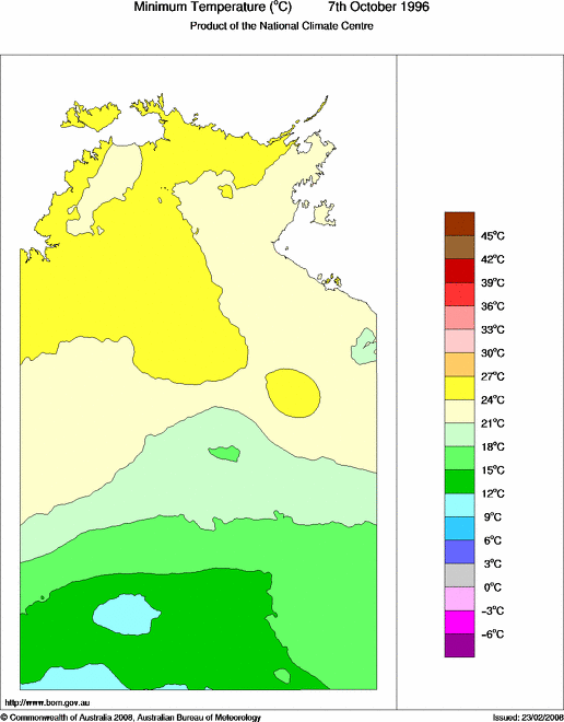 Daily minimum temperature for Northern Territory