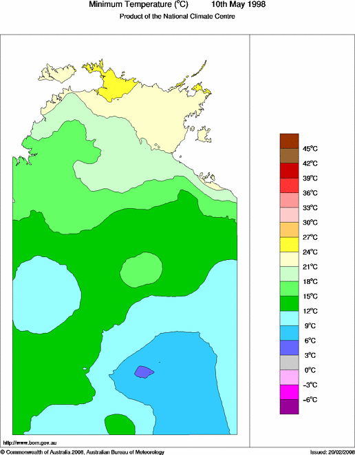 Daily minimum temperature for Northern Territory