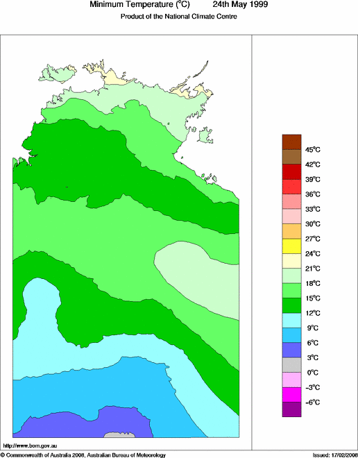 Daily minimum temperature for Northern Territory