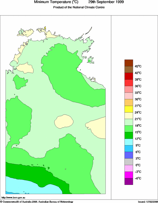 Daily minimum temperature for Northern Territory