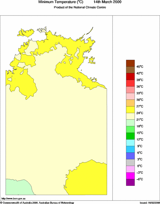 Daily minimum temperature for Northern Territory