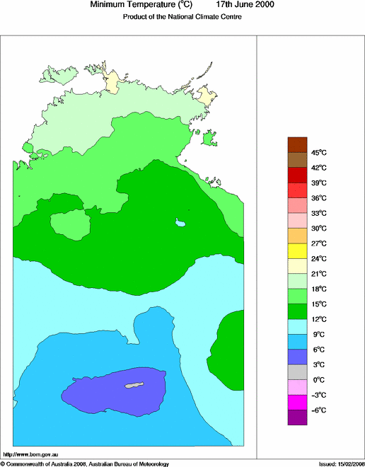 Daily minimum temperature for Northern Territory