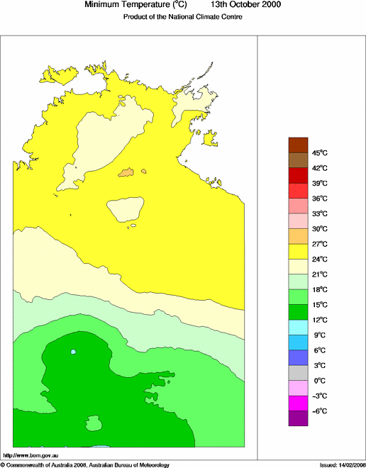 Daily minimum temperature for Northern Territory